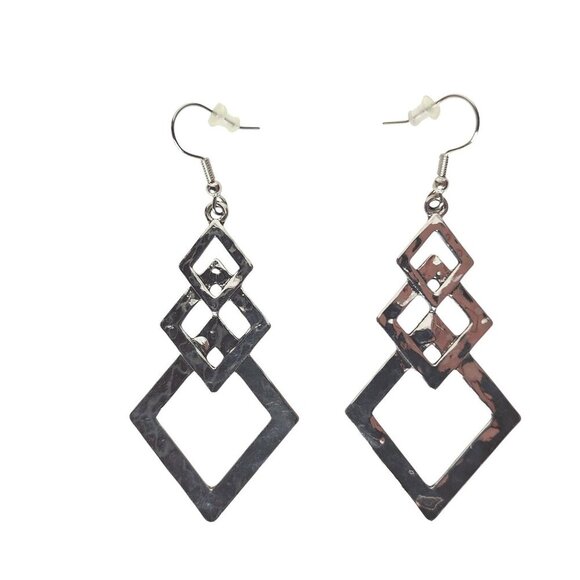 Silver Tone Geometric Dangle Earrings Hammered Diamond Shape Drop Boho Chic - Picture 1 of 2